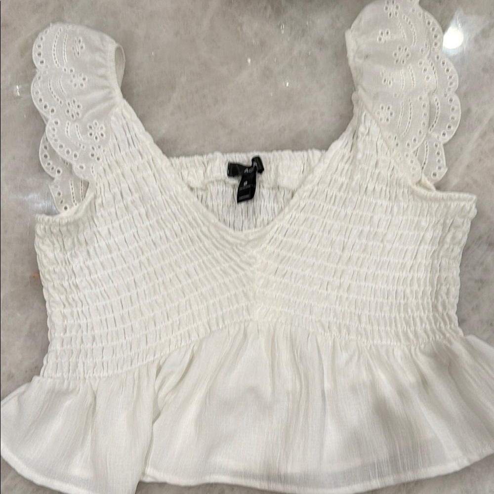 White Eyelet Lace Smocked Top